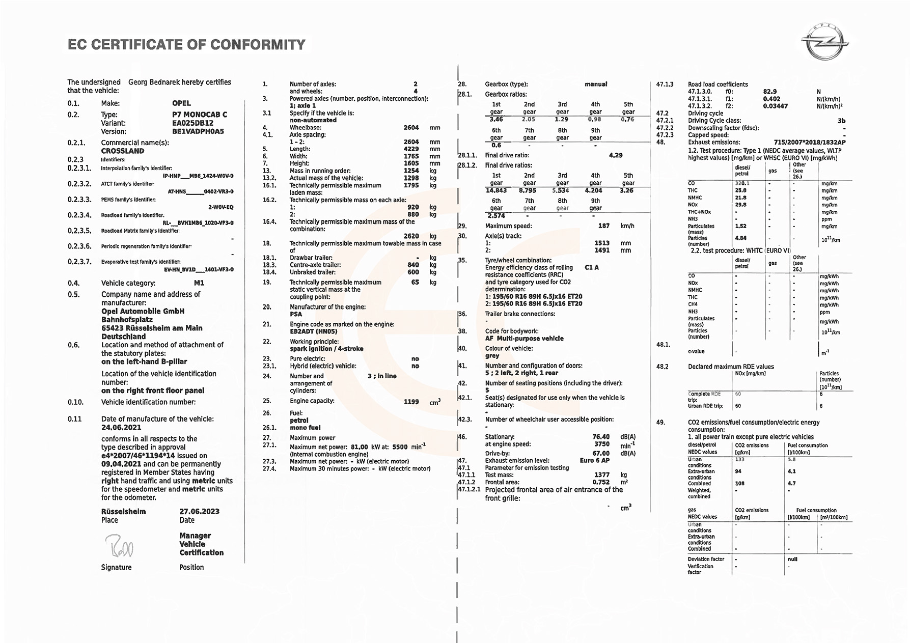 Certificat De Conformité OPEL (COC OPEL) | EUROCOC